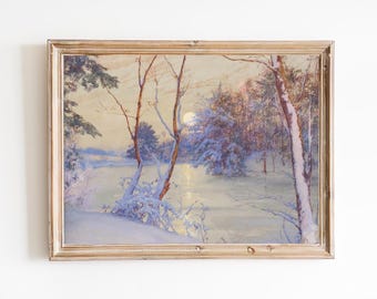 Vintage Winter Sunset Art Print – Snowy River Landscape