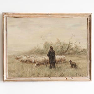 FREE SHIPPING - Shepherd And His Dog Guarding A Flock Of Sheep Vintage Landscape Painting- Village Sheep Beautiful Art Print
