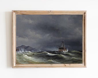 Lámina artística vintage de paisaje costero: pequeño barco navegando, mar agitado