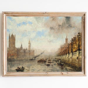 FREE SHIPPING - British Parliament View From The River Thames Vintage Painting- Westminster London Painting