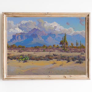 FREE SHIPPING - Vintage American Western Landscape Painting - Arizona Desert Landscape Painting - Cloudy Sky Above The Desert Art Print