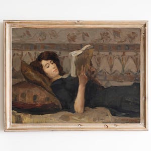 FREE SHIPPING  / Young Woman Reading Vintage Portrait Painting / Girl Reading On The Sofa Art Print / Book Reading Art / Girl Reading Print