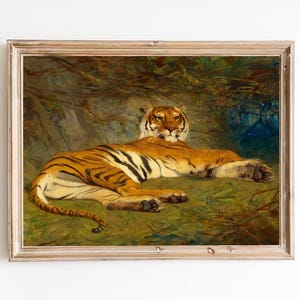 FREE SHIPPING  / Tiger Resting In The Forest Painting / Vintage Wild Animal Art / Beautiful Tiger Wall Art / Wild Cat Oil Painting