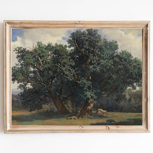 FREE SHIPPING - Vintage Oak Tree Painting - 19th Century Nature Art Print - American Landscape Painting