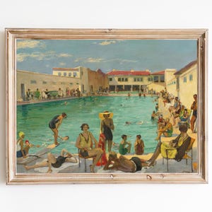FREE SHIPPING - Florida Swimming Pool Painting - Sunny Summer Day Art - Swimming In The Pool Art Print - Summer Day Wall Decor