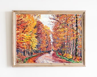 Lámina artística de sendero forestal otoñal – Pintura de paisaje vintage