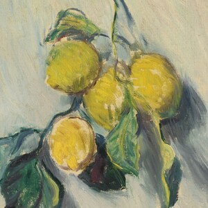 May include: A still life painting of lemons with green leaves on a white background. The lemons are yellow and have a textured surface. The leaves are green and have a smooth surface.
