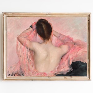 FREE SHIPPING - Woman In Pink Vintage Painting - Stylish Woman Classic Portrait - Beautiful Lady In Pink Veil Art Print