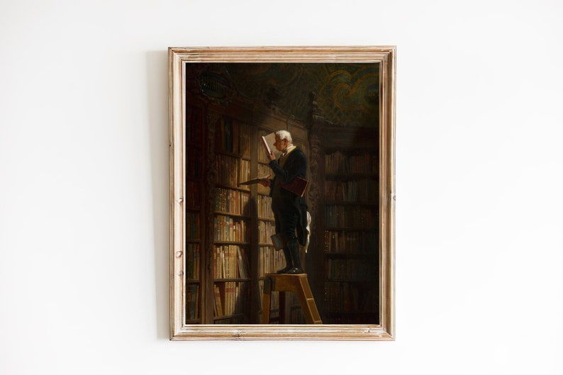 May include: A framed oil painting depicting a man in a dark suit standing on a ladder in a library, reaching for a book on a high shelf. The library is filled with bookshelves and the man is illuminated by a beam of light.