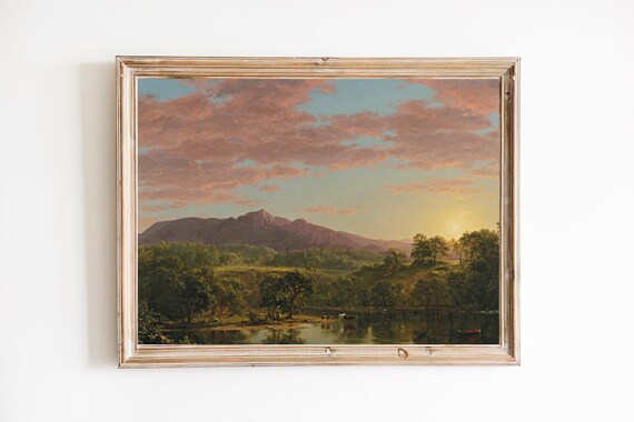 Vintage Sunset Landscape Painting - Mountain River Art Print