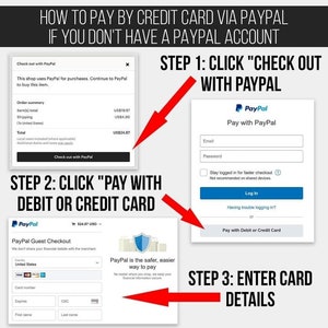 Peut inclure: Un guide visuel sur la fa&ccedil;on de payer avec une carte de cr&eacute;dit via PayPal, m&ecirc;me si vous n'avez pas de compte PayPal. Les &eacute;tapes sont illustr&eacute;es par des captures d'&eacute;cran du site Web PayPal. &Eacute;tape 1 : Cliquez sur "Payer avec PayPal". &Eacute;tape 2 : Cliquez sur "Payer avec une carte de d&eacute;bit ou de cr&eacute;dit". &Eacute;tape 3 : Entrez les d&eacute;tails de la carte.