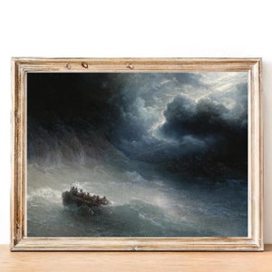 May include: A framed painting depicting a stormy seascape with a small boat carrying people through rough waves. The sky is dark and dramatic with large, ominous clouds. The painting is framed in a light wood frame.