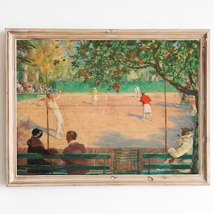 FREE SHIPPING - Clay Court Tennis Vintage Painting - Orange Tree Classic Painting - Doubles Tennis Art Print