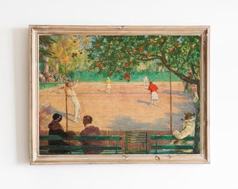 ENVÍO GRATIS - Cuadro clásico de tenis en tierra batida - Cuadro clásico de naranjo - Impresión artística de tenis de dobles