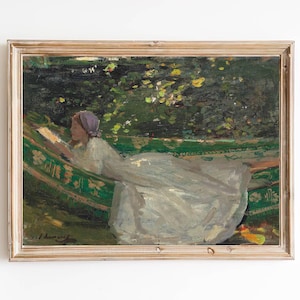 FREE SHIPPING - Girl Reading In The Garden Art - Vintage Female Oil Portrait - Woman In A White Dress 19th Century Painting