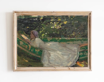 FREE SHIPPING - Girl Reading In The Garden Art - Vintage Female Oil Portrait - Woman In A White Dress 19th Century Painting