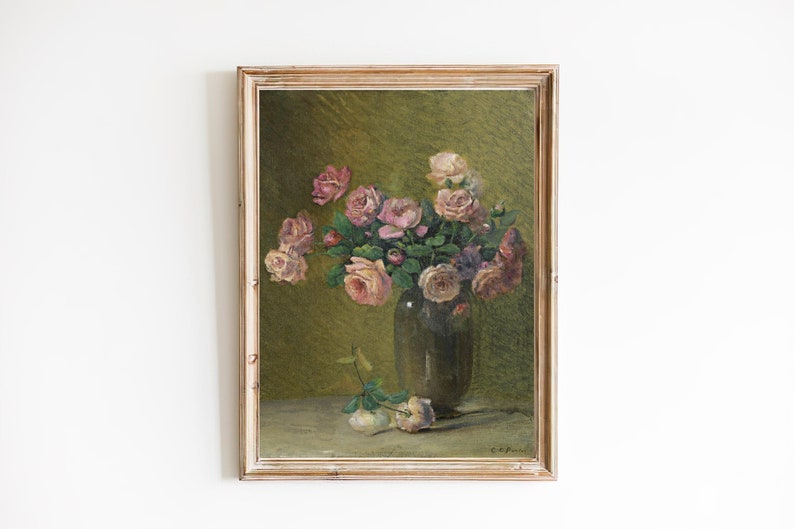 FREE SHIPPING Pink Roses On A Table Oil Painting Pink Flower Vase Art Print Vintage Flowers Painting image 1
