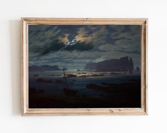 Vintage Moonlight Boat Art Print – Rocky Beach Seascape
