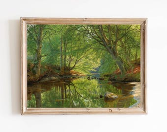FREE SHIPPING - Summer Morning In The Woods Oil Painting - Sunlit River Art Print - Green Forest Landscape Painting