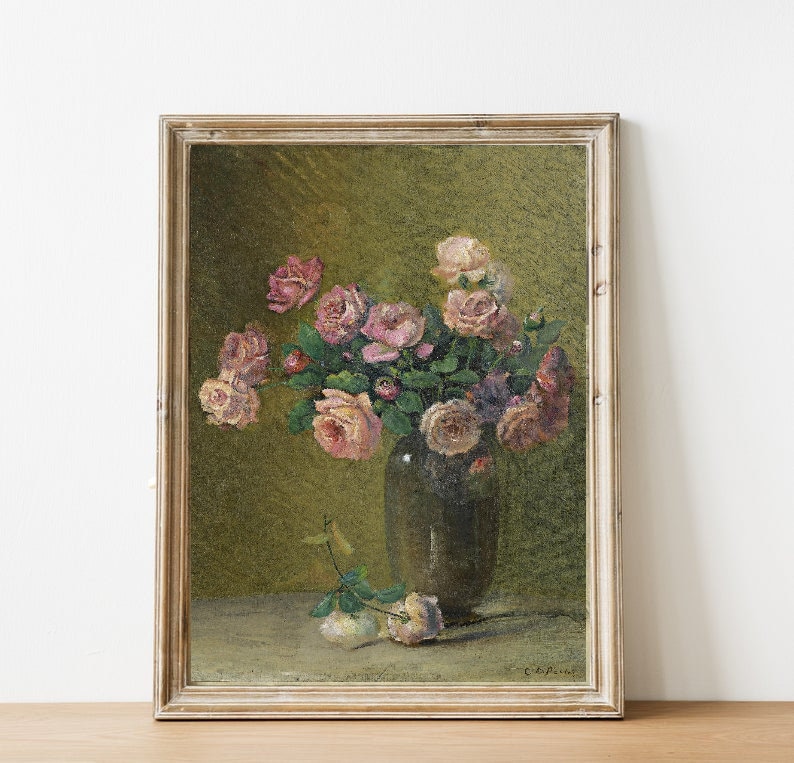FREE SHIPPING Pink Roses On A Table Oil Painting Pink Flower Vase Art Print Vintage Flowers Painting image 4