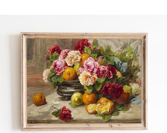 Roses and Oranges Vintage Art Print – French Floral Still Life