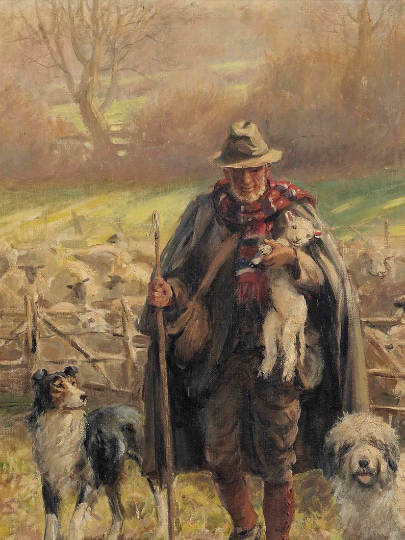 FREE SHIPPING Painting Of An Old Shepherd Holding A Newborn Lamb While His Two Dogs Guard A Flock Of Sheep Vintage Countryside Painting image 6