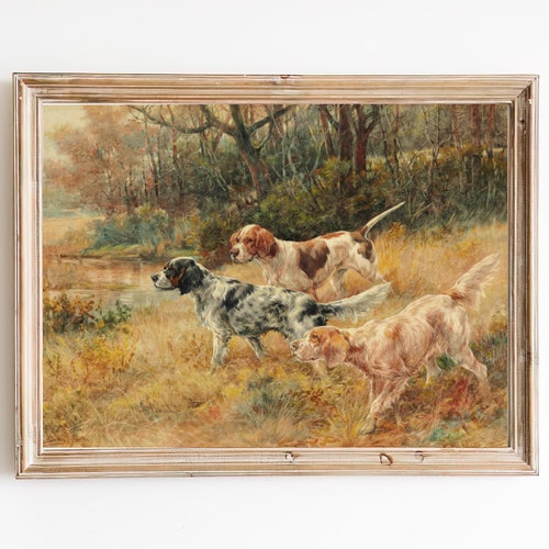 FREE SHIPPING  / Three Pointer Dogs Painting / Dogs In The Field Art Print / Colorful Dog Wall Art Print / Dog Home Decor
