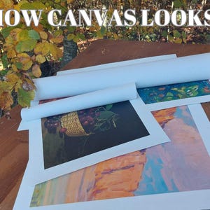 Może przedstawiać: Trzy zwinięte pł&oacute;tna z r&oacute;żnymi obrazami. Pł&oacute;tna leżą na drewnianej powierzchni. Tekst "HOW CANVAS LOOKS:" jest widoczny w g&oacute;rnej części obrazu.