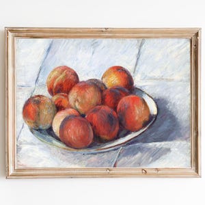 FREE SHIPPING - Bowl Full Of Peaches Oil Painting - Vintage Fruit Still Life Painting - Dining Room Peach Art Print