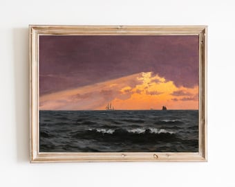 Vintage Seascape Painting – Sailing at Sunset, Purple Sky Art Print