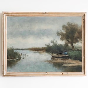 FREE SHIPPING - Vintage Riverscape Painting- Rowing Boat on the River Art- River In Nature Print