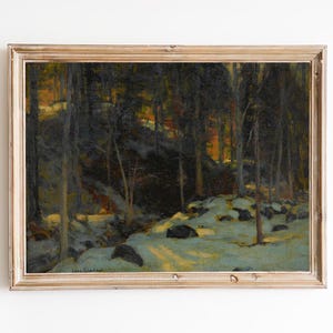 KOSTENLOSER VERSAND - Nördlicher Hartholzwald Kunstdruck - Morgensonnenlicht fällt auf den Schnee durch die Bäume Gemälde - Winterlandschaft Kunst