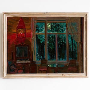 FREE SHIPPING - House Window Midnight View Art Print - Vintage Wooden Cottage Interior Painting