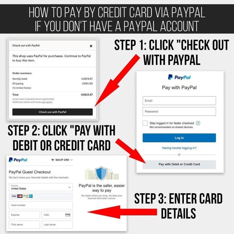 Pode incluir: Um guia visual sobre como pagar com cart&atilde;o de cr&eacute;dito atrav&eacute;s do PayPal, mesmo que voc&ecirc; n&atilde;o tenha uma conta PayPal. As etapas s&atilde;o ilustradas com capturas de tela do site do PayPal. Passo 1: Clique em "Pagar com PayPal". Passo 2: Clique em "Pagar com cart&atilde;o de d&eacute;bito ou cr&eacute;dito". Passo 3: Insira os detalhes do cart&atilde;o.