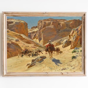 May include: A painting depicting a caravan of camels traveling through a desert canyon. The camels are laden with goods and are led by a person on horseback. The painting is done in a realistic style and features warm, earthy colors.