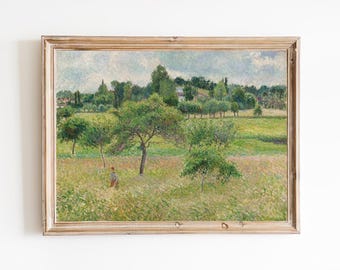 Vintage Apple Tree Field Art Print – Green Impressionism Painting
