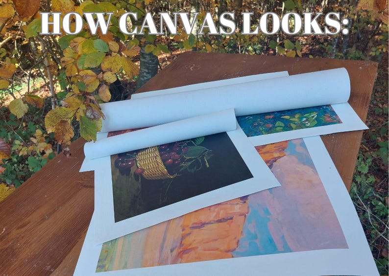 Puede incluir: Tres lienzos enrollados con diferentes pinturas. Los lienzos est&aacute;n sobre una superficie de madera. El texto "HOW CANVAS LOOKS:" es visible en la parte superior de la imagen.