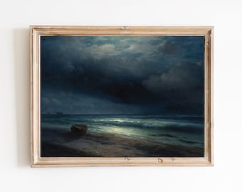 FREE SHIPPING - Sea At Night Vintage Painting - Seascape Oil Painting - Sea Under Night Moonlight Art Print