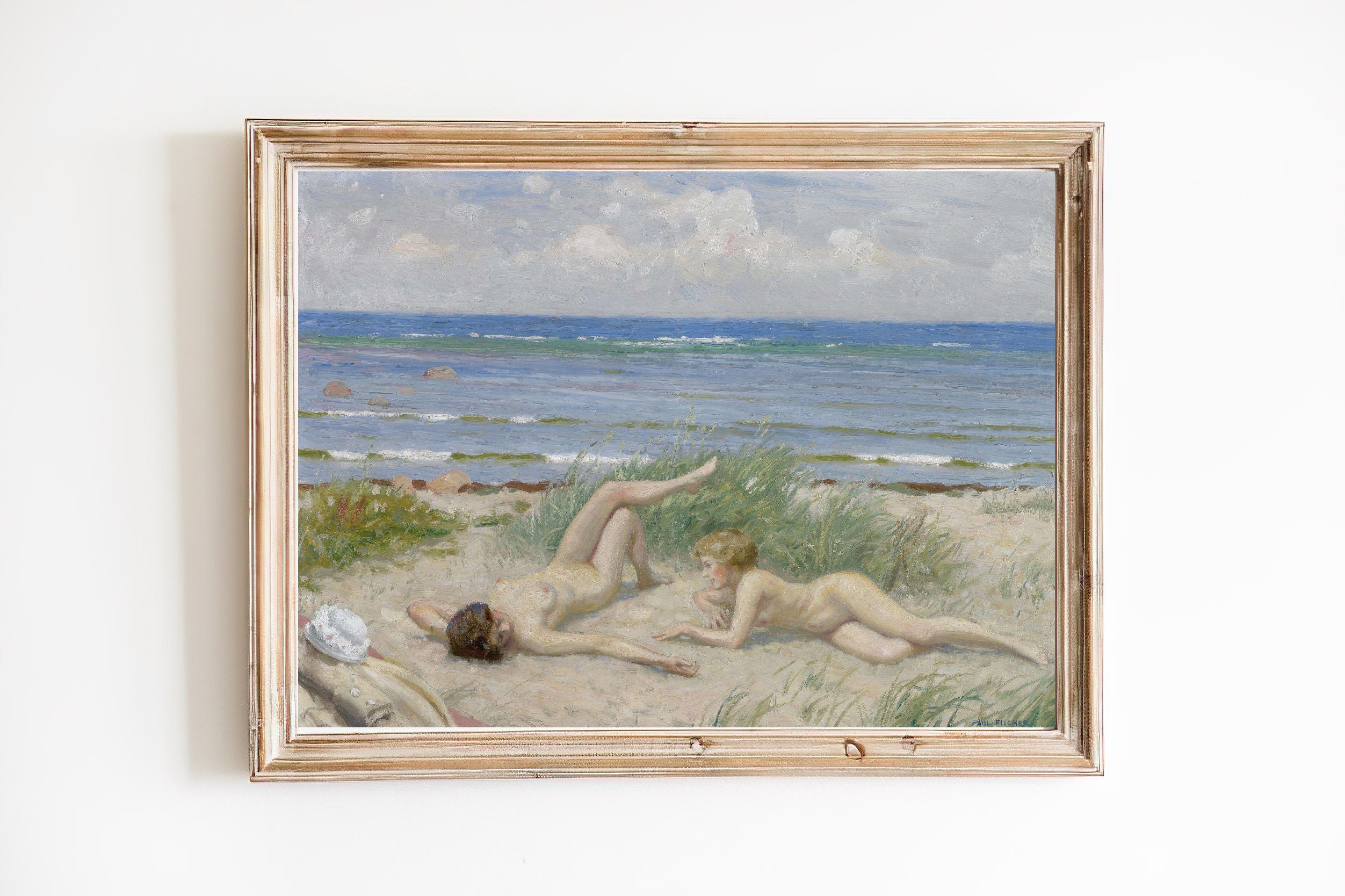 FREE SHIPPING / Two Nude Women Laying on the Beach Vintage image picture