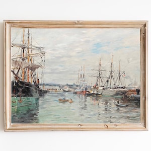 FREE SHIPPING - French Harbor Vintage Boats And Ships Painting- 19th Century Harbor Wall Art- Seascape Print- French Oil Painting