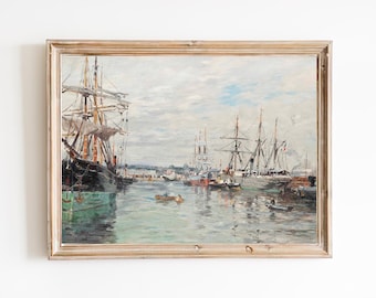 Vintage Harbor Painting Print – 19th Century French Seascape