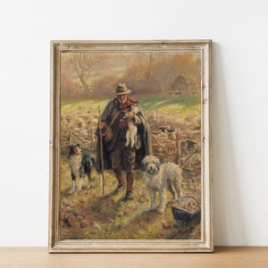 FREE SHIPPING Painting Of An Old Shepherd Holding A Newborn Lamb While His Two Dogs Guard A Flock Of Sheep Vintage Countryside Painting image 5