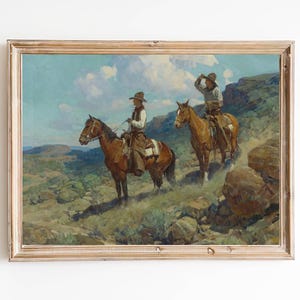 FREE SHIPPING - Two Cowboys On The Road Vintage Western Oil Painting - Horse Riding Classic Western Art Print