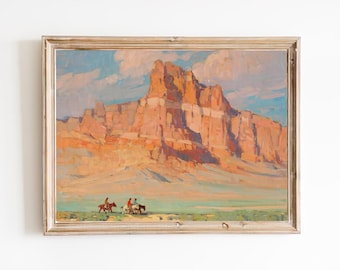 FREE SHIPPING - Vintage Arizona Landscape Oil Painting - Western American Painting- Horse Riding Western Wall Art Print- Grand Canyon Print