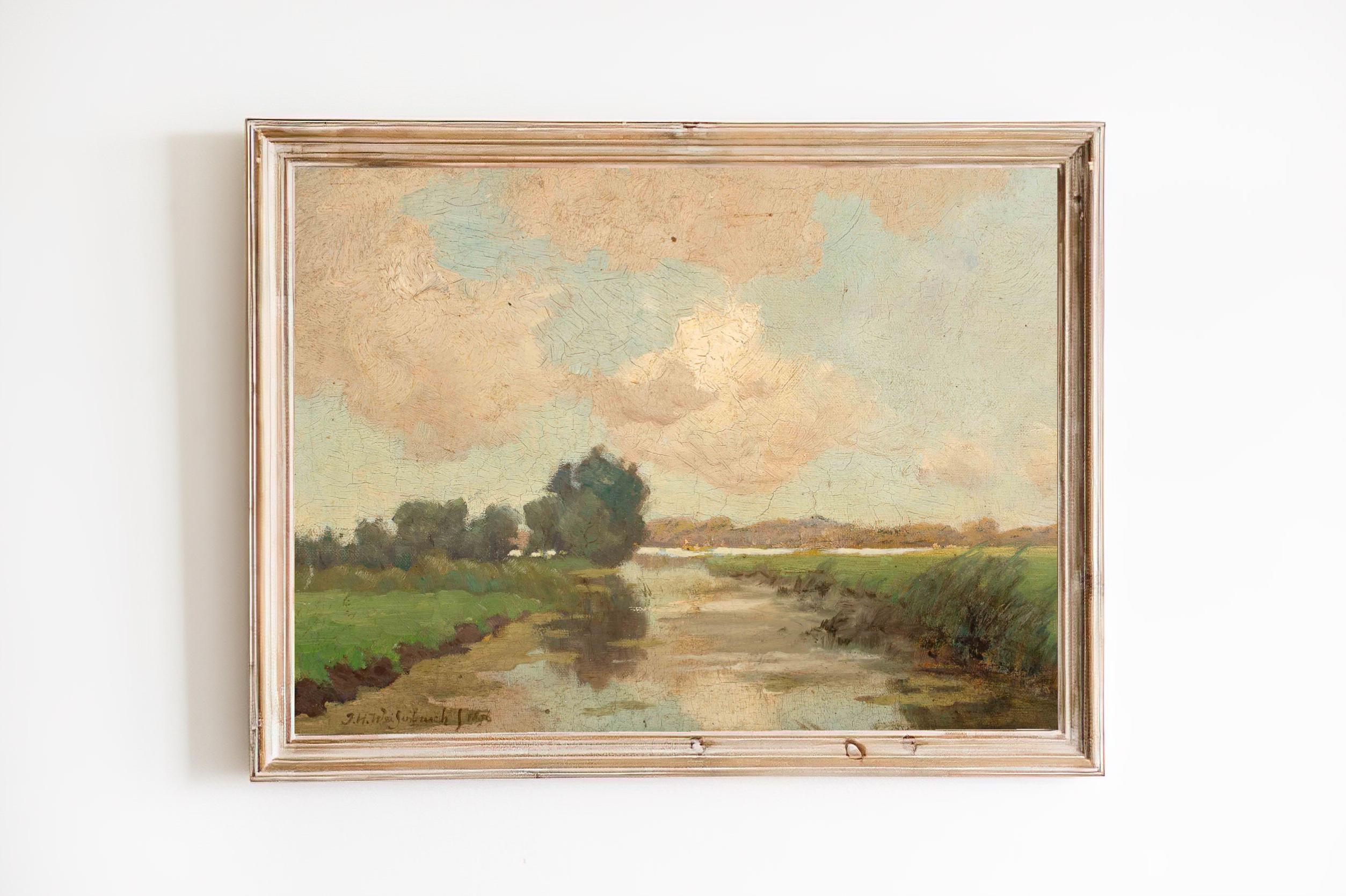 FREE SHIPPING - Vintage Riverscape Dutch Watercolors Nature Painting- 19th Century Landscape- Watercolor Style Green Scenery River Art Print