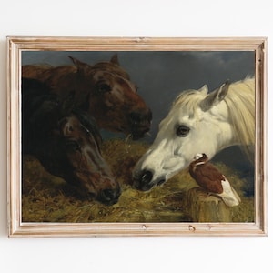 FREE SHIPPING - Vintage Horses Realism Painting - Beautiful Horses Wall Art - Vintage Stable Art Print - Antique Horses Oil Painting