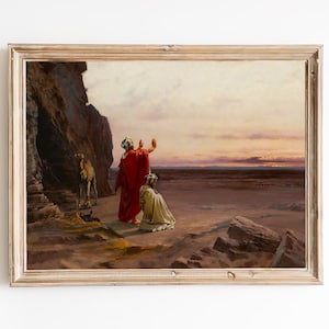 SPEDIZIONE GRATUITA - Viaggiatori musulmani che pregano nel deserto - Dipinto vintage - Grotta e cammello - Arte paesaggistica orientale d'epoca