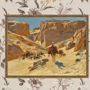 May include: A painting depicting a caravan of camels traveling through a desert canyon. The camels are carrying goods and people, and the landscape is rocky and barren. The sky is blue and the sun is shining.