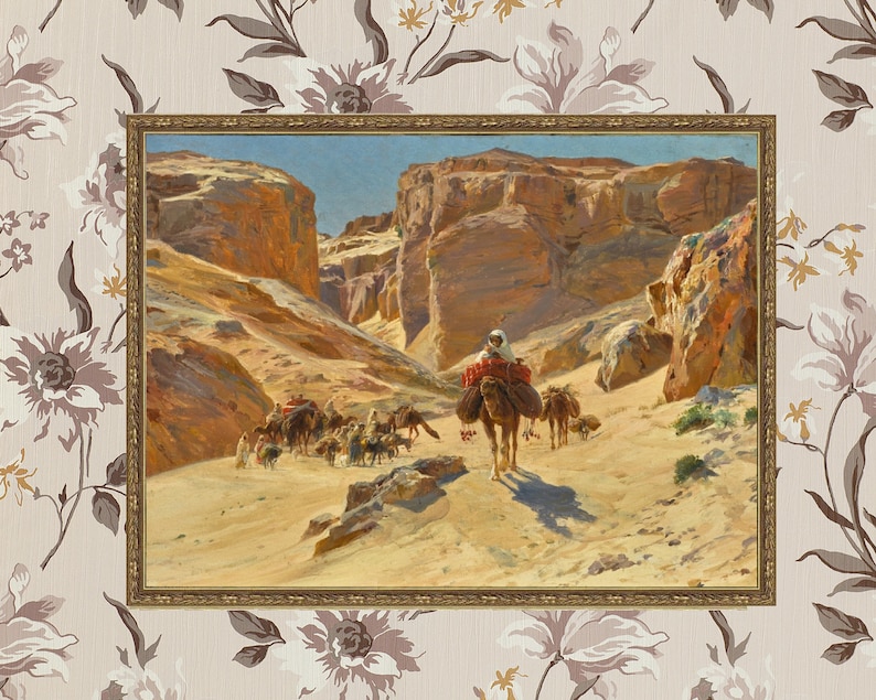May include: A painting depicting a caravan of camels traveling through a desert canyon. The camels are carrying goods and people, and the landscape is rocky and barren. The sky is blue and the sun is shining.