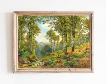 Roe Deer Vintage Art Print – Sunny Forest Landscape Painting